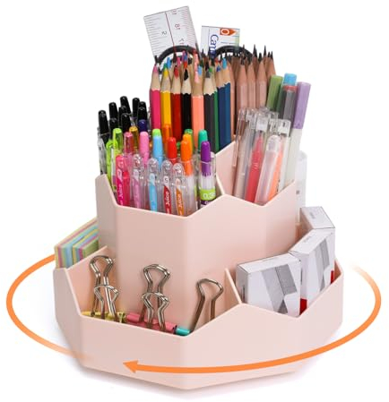 FRETONBA Rotierende Stiftehalter Schreibtisch Organizer, Büro Organizer Stifte Organizer mit 9 Fächern, 360 Grad Stiftehalter Drehbar, Große Kapazität, Rosa