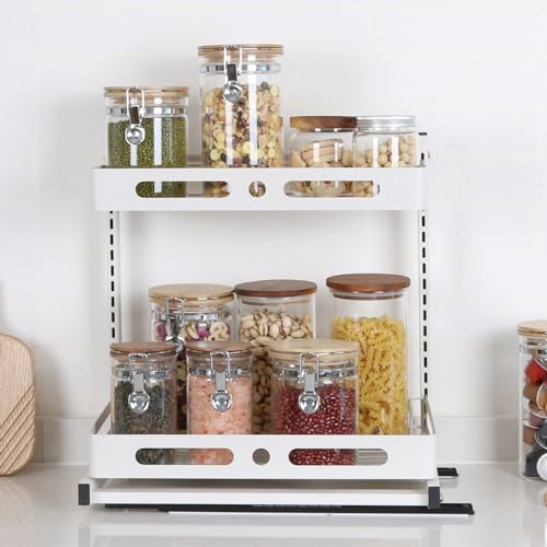 Metall Spülschrank Organizer Höhenverstellbarer | Ausziehbares Unter Waschbecken Regal 40x28x44 cm | L-förmige Küchenorganizer für Spülenunterschrank | 2-stufiges Metallregal mit Höhenverstellung Weiß