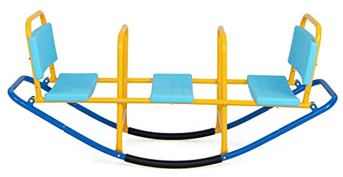 DREAMADE 3 Sitzer Kinder Wippe mit Rückenlehnen und Griffe, Schaukelwippe Metall 136x60x39cm, Karusselwippe Gartenwippe für Indoor und Outdoor, für Kinder 3-8 Jahren (Blau)