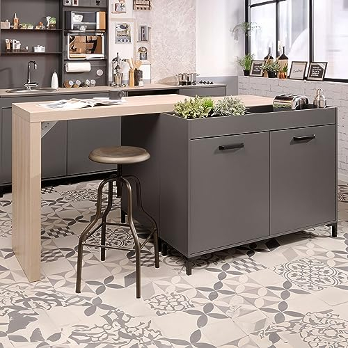 Miroytengo Mesa Barra y 2 Muebles de Almacenamiento de Cocina Smoke Estilo Industrial en Color Roble y Gris con 2 Puertas