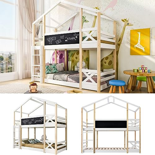 Kinderbett Baumhaus mit Leiter 90 x 200cm,Etagenbett Hausbett,Hochbett für Kinder– 2x Lattenrost- Natur & Weiß