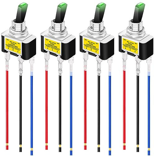 MKBKLLJY 4St. Beleuchteter Kippschalter DC 12V 30A SPST 3Pin Ein Aus Grüner LED-Schalter für Auto, Boot, Wohnmobil mit verriegelten Klemmen Drähten