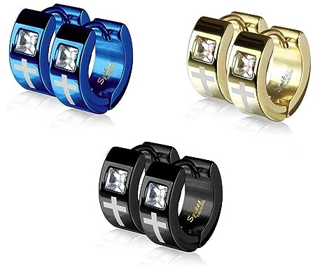 Paula & Fritz® 3 Paar Damen Creole-n Kreuz Schwarz Blau Gold Zirkonia Klar Chirurgenstahl Ohr-Schmuck 4-mm Breit Ohr-Ring Religion Kombinierbar Herren