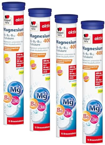 Doppelherz Magnesium 400 + B1 + B6 + B12 + Folsäure - Magnesium als Beitrag für die normale Muskelfunktion - vegan - 15 Brausetabletten mit Zitronen-Grapefrucht-Geschmack (Packung mit 4)