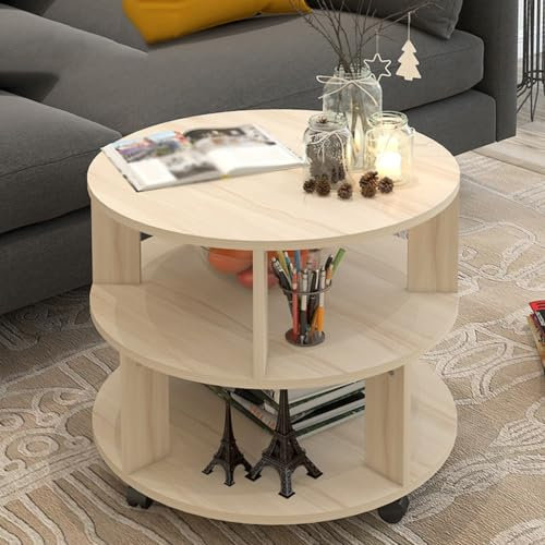 Moderner runder Couchtisch mit 2 Etagen und Stauraum, Nachttisch, kleiner Couchtisch aus Holz mit Rollen, stabiler Beistelltisch for Wohnzimmer, Schlafzimmer, Cocktailtisch ( Farbe : Natürlich , Size