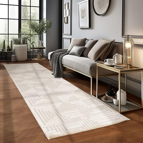 Carpetsale24, Kurzflor Teppich Läufer 80 x 150 cm, Skandinavischer Boho Teppich Einfarbig Natur, Modern 3D-Effekt, Extra Weich und Waschbar, Deko Teppich für Flur, Schlafzimmer und Küche