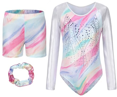 Happy Cherry Mädchen Turnanzug Shorts Set Gymnastikanzug Langarm Kunstturnen Bekleidung Kinder Turnen Trikot Tag 10/DE Größe 122-128