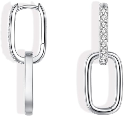 Cangall Convertible Link Earrings for Women, 925 Sterling Silver Double Oval Hoop Earrings, Silver Paperclip Link Chain Hoop Earrings, Hypoallergenic Small Sleeper Silver Earrings for Women Dangling