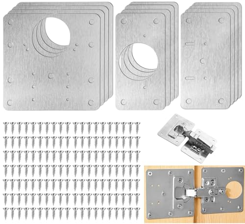 Kit Reparación Bisagras Cocina con 192 Tornillos, 12 Piezas Placas de Bisagras de Puerta de Armario, Placas de Soportes Puertas Armario Acero Inoxidable para Cocina, Armarios, Muebles