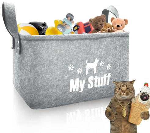 Dog Toy Box, Dog Toy Storage Basket with Handle, Felt Stuff Storage Baskets for Pet Toys, Foldable storage Bins for Organizing Pet Toys, Cat Blankets, Dog Clothes Blankets, Urine Pad (Light Grey)