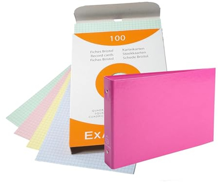 Lot 1 Classeur Pour Fiches + 100 Fiches Bristol A5 Quadrillées Perforées Couleurs Assorties + 1 Index Adhésif Blumie (Rose)