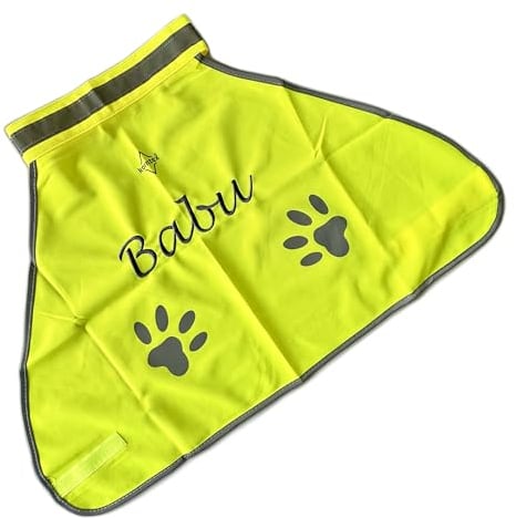 Schnoschi Hunde Sicherheitsweste mit Namen/Wunschtext/Initialen Bestickt, personalisierte Hundewarnweste, reflektierende Haustierweste, hohe Sichtbarkeit, individuelle Bestickung, Neongelb (M)