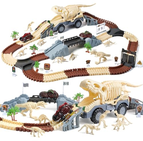 TUMAMA Dinosaure jouet piste, piste de course flexible pour enfants 3 4 5 6 ans, avec 7 chiffres de dinosaure, 2 lumières pour véhicules électriques - dinosaure monde de la route jeux pour enfants