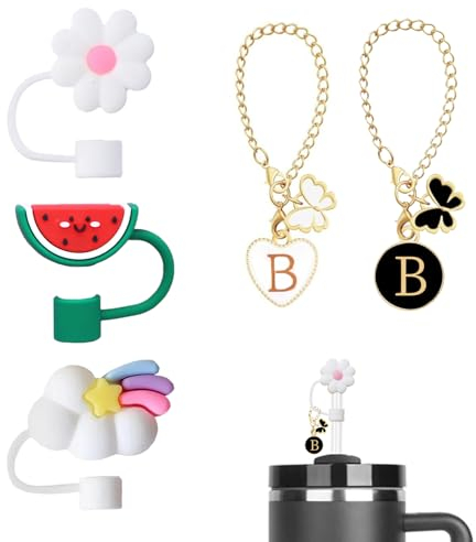 TYVOM 3 Pcs Straw Cover and 2 Pcs Letter Charms Accessories Silicone Straw Topper Reusable Straw Tips Cover for 10mm Stanley Straws 30 40 oz Tumbler Cup, BPA Free(3pcs Straw Cover+2pcs Letter B)