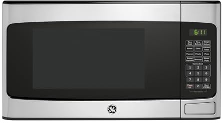 GE Compact Countertop Microwave Oven, 1.1 Cubic Ft., 950w Capacity, 6 Auto Cook Settings, Child-Lock Technology, Dorm Room, Apartment, Stainless Steel