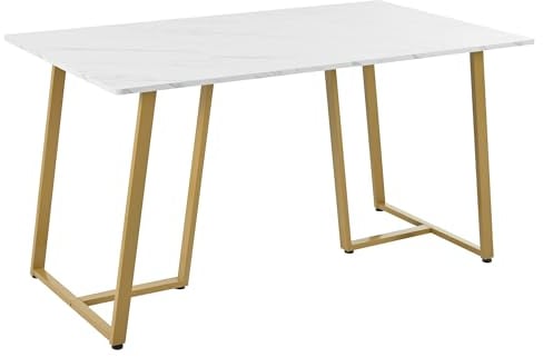 140 x 80cm Esstisch, (1-St), moderner Küchentisch, Gestell aus Metall Rechteckiger Esstisch aus Moderner Marmormuster Küchentisch mit verstellbaren Füßen für Esszimmer Wohnzimmer (Weiß/Golden)