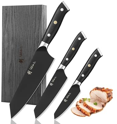 Wakoli Titanium Noir Messerset (3-teilig) – Scharfes Küchenmesser Set - Messer Set mit 8–17 cm Edelstahlklingen, G10 Griff, Full Tang, Fleischmesser, Santoku, Gemüsemesser, Schälmesser in Geschenkbox
