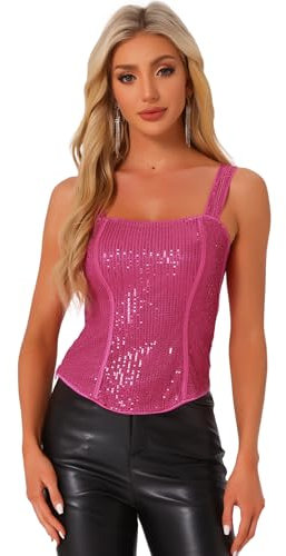 Allegra K Donna Canottiere con Paillettes, Top Senza Maniche con Corsetto E Canotta Glitterata Scintillante Rosa Caldo M