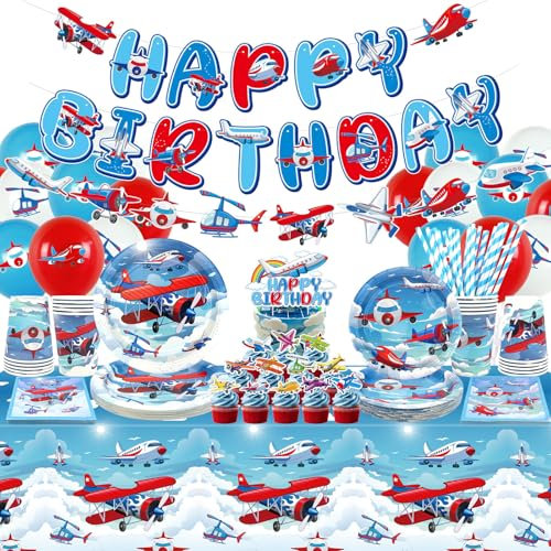 Decoraciones de fiesta de cumpleaños de avión, suministros de fiesta de avión, platos, tazas, servilletas, mantel, pancarta de feliz cumpleaños, decoración de pastel de globos para fiesta temática de