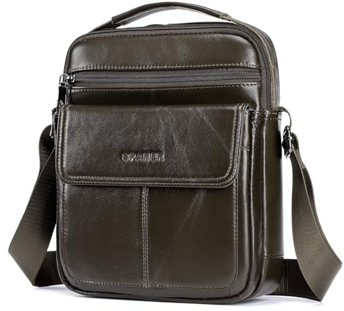 SPAHER Men Leather Handbags Shoulder Bags Messenger Business Bag Crossbody Satchel Sling Bag Waterproof Travel Bag Daily Man Bags for Men with Adjustable Shoulder Strap for Ipad 11 Inch Coffee Brown