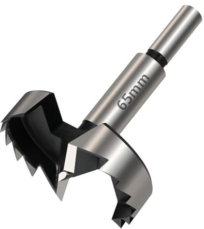 Vearter Broca Forstner de 65 mm, de acero con alto contenido de carbono con vástago redondo, broca perforadora para madera, madera maciza, MDF, plástico, aglomerado, madera contrachapada