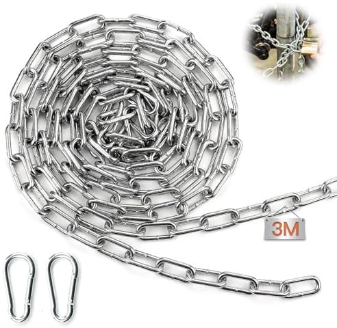 Mbsomnus Gliederkette Meterware mit Karabiner 3M Φ3 mm Metall Ketten Stahlkette Verzinkte Kette Meterware Rundstahlkette Schwere Ketten für Wäscheleine Hundekette Schaukeln Hängesessel Stahl