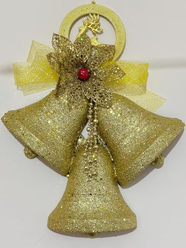 AAMERa Gold Glitter Christmas Bells Ornaments Pendant, 40 cm Large Hanging 3Jingle Bells Xmas Bell with Ribbons, Gold Beads for Christmas Tree, Door, Home Decor