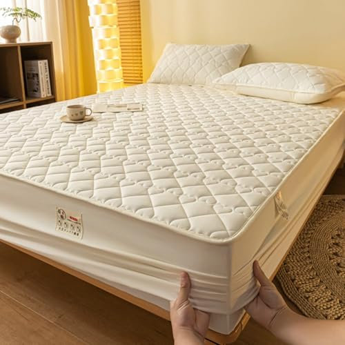 AMDXD Beige Betthusse 180x200cm Elastisch, Herz Muster Spannbettlaken für Topper Einfarbig Matratzenschutz, Polyester Baumwolle Laken für Bett für Boxspringbett & Wasserbett