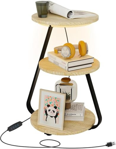ARTETHYS Side Table, Small Round Coffee Table with 3 Color LED Lights, End Table with 3 Tier Storage Shelves, Bedside Sofa Side Tables for Living Room Bedroom, Oak