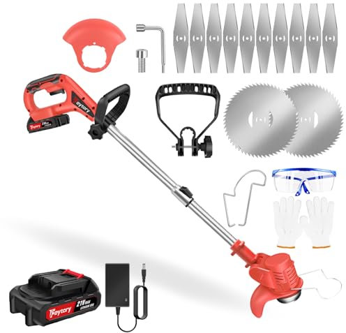 Cordless Strimmer 21V Battery and Charger Garden Strimmer, Electric Grass Trimmer, 1500mAh Battery Strimmer Brush Cutter With 12 Metal Blades Adjustable Strimmer Grass Trimmers for Garden Clearing