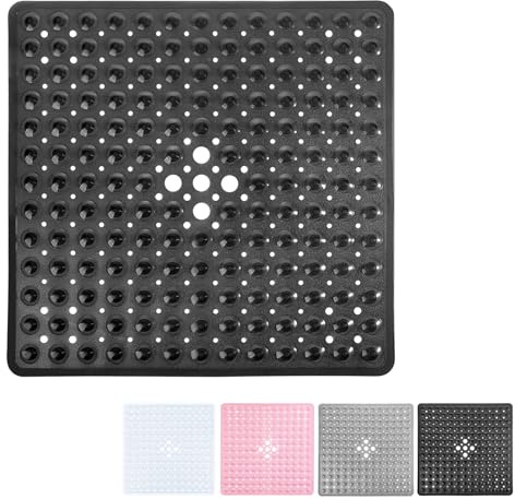 Tapis de Douche 53x53cm, Tapis de Douche Extra carré antimoisissure Noir,Tapis antidérapant pour Baignoire, Douche avec ventouses, Trous de Drainage,Bain lavables Machine pour Enfants âgées
