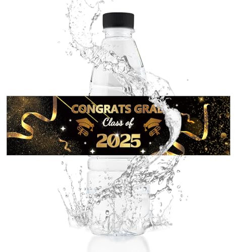 URROMA 50Pcs Graduation Water Bottle Labels Foil-stamped Waterproof Wrappers Class of 2025 Congrats Grad Black Gold Stickers Party Decoration Supplies