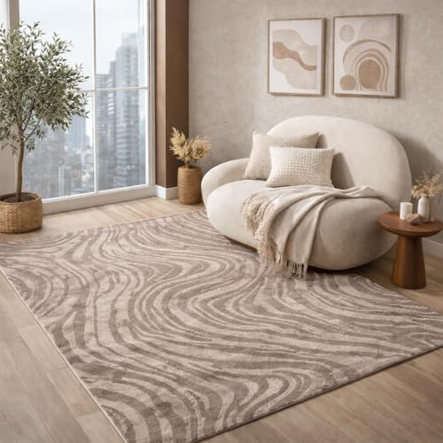 VIMODA Teppich Wohnzimmer Teppich Schlafzimmer 3D Effekt modern Weich kurzflor Wellenmuster Qualitativ,Maße:240 x 330 cm;Farbe:Taupe