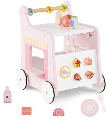 DREAMADE Chariot de Marche en Bois Bébé 1+Ans,Trotteur Garçons Filles avec Blocs&Accessoires&Roues Lisses,Cube d'Activité avec Jouet Thème de Desserts (Rose Clair)
