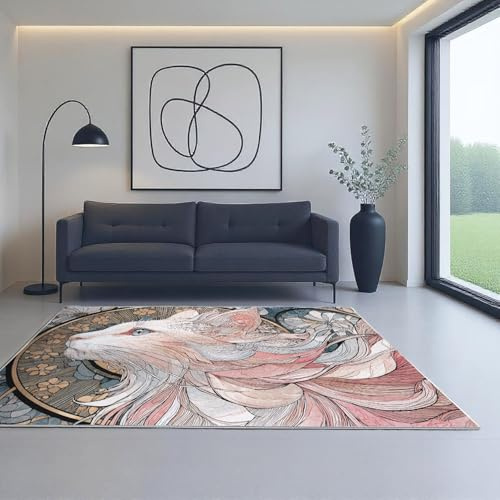 Generisch Kuscheliger Wohnzimmer Teppich Kurzflor waschbar Teppich Rosa gelb Tiere Comic-Stil Muster 120 x 180 cm Geeignet für Schlafzimmer, Wohnheim, Kinderzimmer, Büro, Lounge, Heimdekoration.