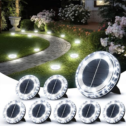 QIHANS 8 Stück Solar Bodenleuchten Aussen, 8 LED Solarleuchten Garten für Aussen, IP65 Wasserdicht LED Gartenbeleuchtung Solarlampen für Garten Rasen Patio Gehweg Auffahrt, Kühles Weiß