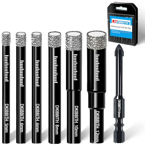 DKIBBITH 7-teiliges Set Trocken-Diamantbohrer & Fliesenbohrer für Keramik, Porzellan, Marmor, Granit, Stein, Glas – Rundschaft 5mm, 6mm(x2), 8mm, 10mm, 12mm + 1 Stück Mauerbohrer 6mm.