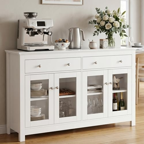 ZECIIYE Sideboard,Küchenschrank mit Arbeitsplatte, Küchenkommode mit 4 Glastüren & 2 Schubladen, verstellbare Regale & Kippsicherung, Buffetschrank für Küche,Wohnzimmer & Esszimmer,140x90x40 cm,Weiß