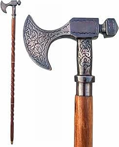 Medieval Viking Axe Handle Walking Cane – Antique Wooden Walking Stick with Metal Axe Head Handle – Decorative Cosplay Costume Cane for Men & Collectors