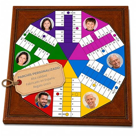 Parchís Personalizado con Fotos | Regalo Original para Familia y Abuelos | Tablero de Madera de 4 o 6 Jugadores | Incluye Fichas y Dados | Regalo para Días Especiales, Navidad y Cumpleaños