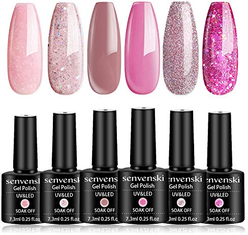 Senvenski Nude Pink Gel Nail Polish Kit - UV/LED Soak Off Nail Art Set with Light Pearl Rose Blush Nude Pink Glitter Colors | Manicure Gift Kit for Women, Professional Salon Home Use(CS6-001)