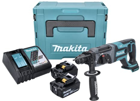 Makita DHR 241 RTJ Akku Bohrhammer 18 V Li-Ion mit SDS-Plus Aufnahme im Makpac + 2x BL 1850 B 5,0 Ah Akku + DC 18 RC Schnellladegerät