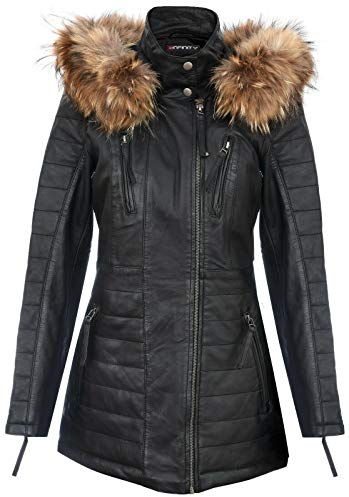 Infinity Leather Schwarze Damen Leder Parka Jacke Gesteppte Abnehmbare Kapuze Regenmantel L