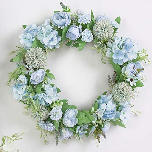 SUREH 39,9 cm künstlicher hellblauer Hortensien und Pfingstrosen, floraler Frühlingskranz, Seide, Pfingstrosen, Kranz für Hochzeit, Wand, Heimdekoration