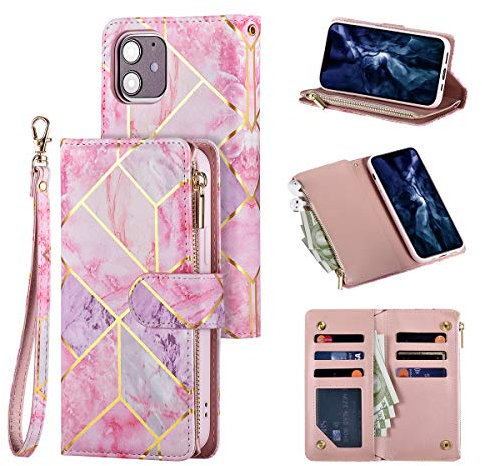 UEEBAI Wallet Case for iPhone 12 iPhone 12 Pro 6.1 inch, Premium PU Leather Magnetic Closure Geometric Marble Pattern Handbag Zipper Pocket Case Kickstand Card Slots Shockproof Flip Cover -Pink&Purple