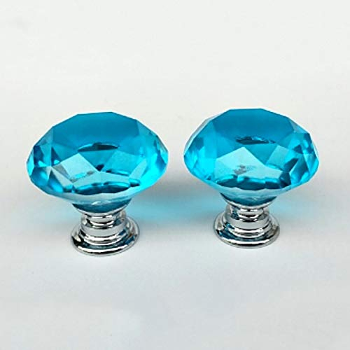 2 PCS Crystal Glass Door Knobs 30mm Diamond Drawer Knobs Sparkle Cabinet Pull Handles with Screws Wardrobe Cupboard Decorating (Lake Blue)