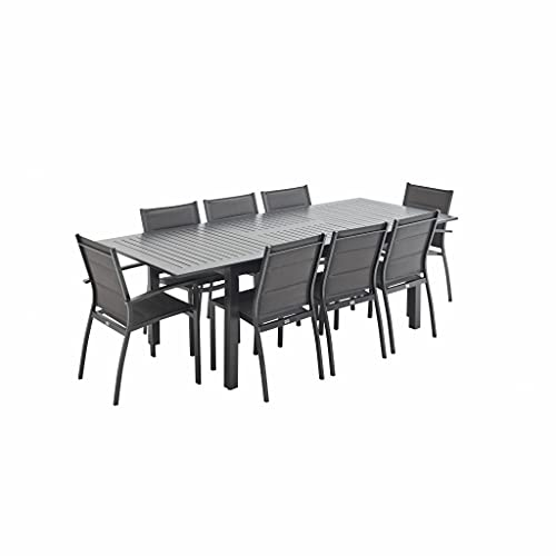 Alice's Garden - Ausziehbarer Tisch Gartengarnitur - Chicago Anthrazit/dunkelgrau - Aluminiumtisch 175/245 cm mit Verlängerung und 8 Sitzen aus Textilene