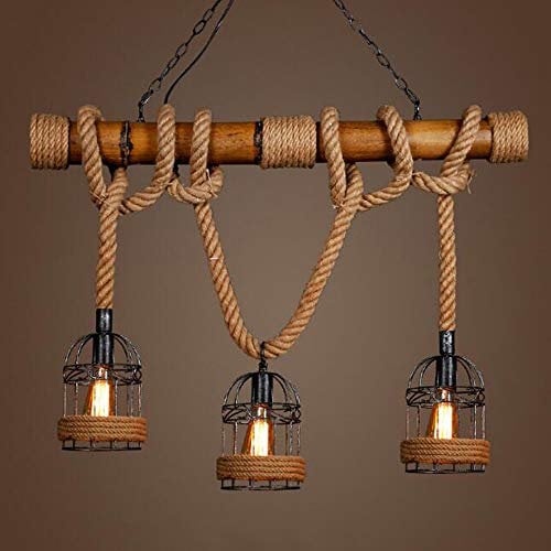 Hemp Rope Pendant Lamp Vintage Bamboo Chandelier 3 Heads Retro Iron Cage Pendant Ceiling Light E27 Adjustable Height Light Fixture for Industrial Loft Kitchen Island Living Room Dining Room Cafe Bar