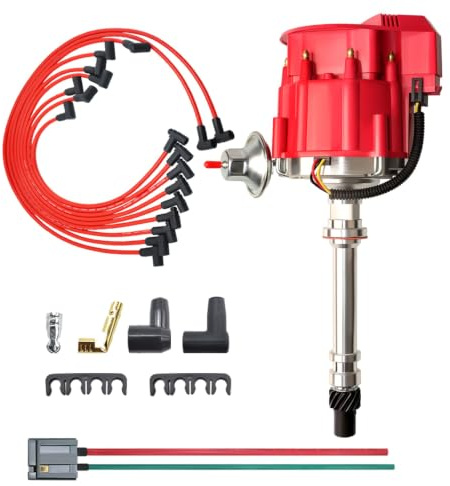 MAS Racing HEI Distributor&Spark Plug Wires & Free Pigtail Wire Harness Combo Kit Red Cap Replacement for Chevy 283 302 307 327 350 396 400 402 427 454 gm SBC BBC 65k Coil 7500RPM Chevrolet C10 GMC V8