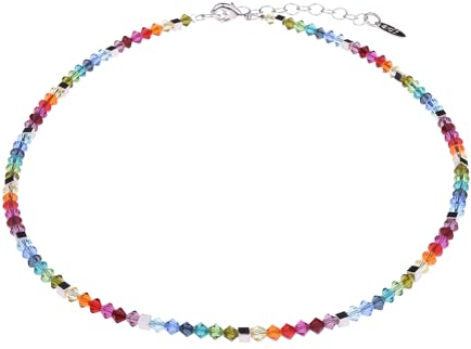 Adi-Modeschmuck zarte Glaskette 'Sana', geschliffene Glasperlen mit kleinen versilberten Würfeln, handgefertigt in Berlin (Bunte Regenbogenfarben)